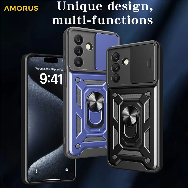 AMORUS For Samsung Galaxy A26 5G Case Kickstand PC + TPU Phone Cover with Camera Lens Slider - Silver