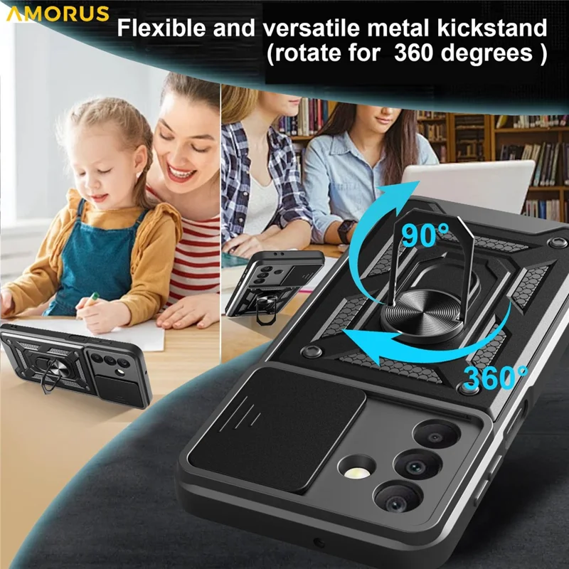 AMORUS For Samsung Galaxy A26 5G Case Kickstand PC + TPU Phone Cover with Camera Lens Slider - Silver