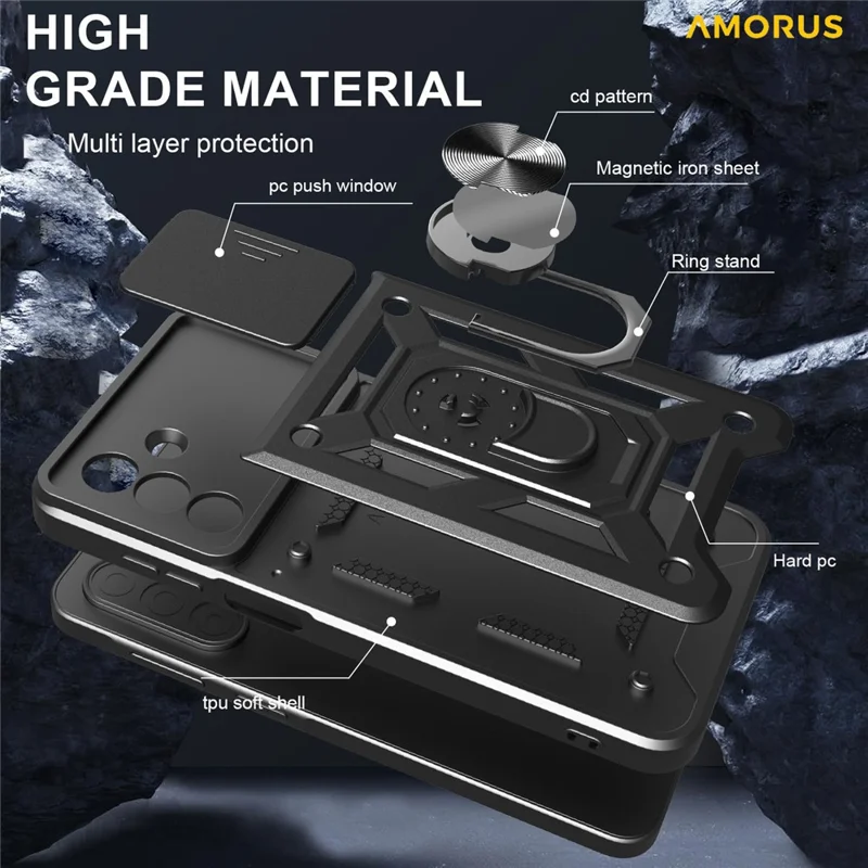 AMORUS For Samsung Galaxy A26 5G Case Kickstand PC + TPU Phone Cover with Camera Lens Slider - Silver