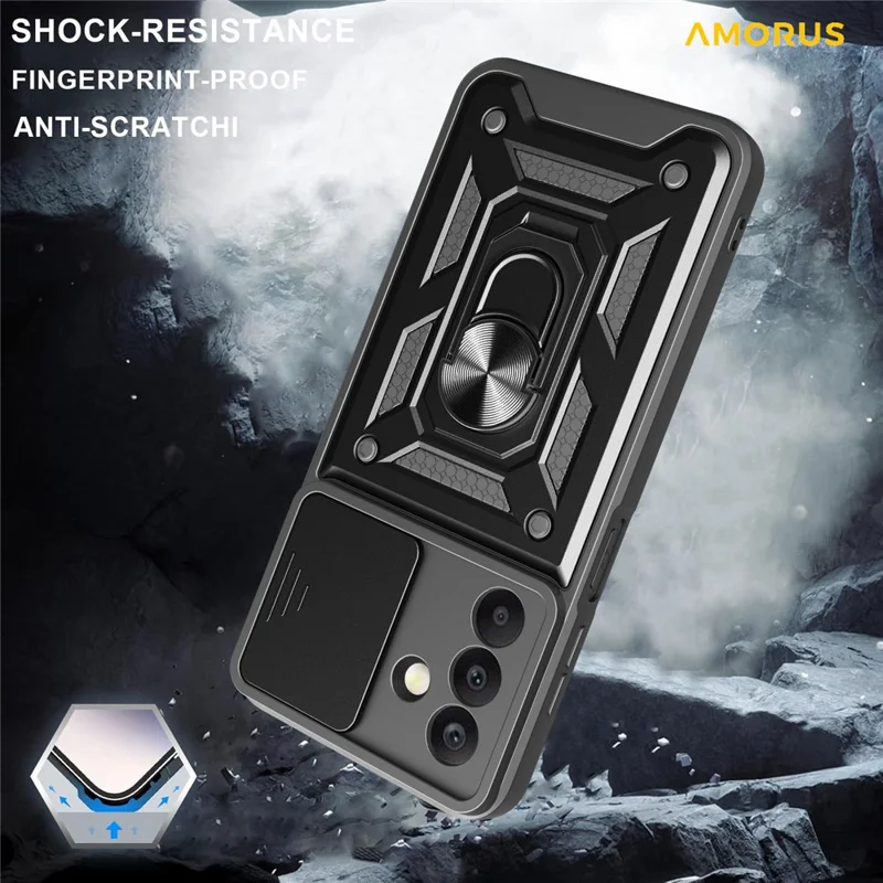 AMORUS For Samsung Galaxy A26 5G Case Kickstand PC + TPU Phone Cover with Camera Lens Slider - Silver