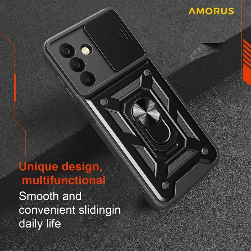 AMORUS For Samsung Galaxy A26 5G Case Kickstand PC + TPU Phone Cover with Camera Lens Slider - Silver