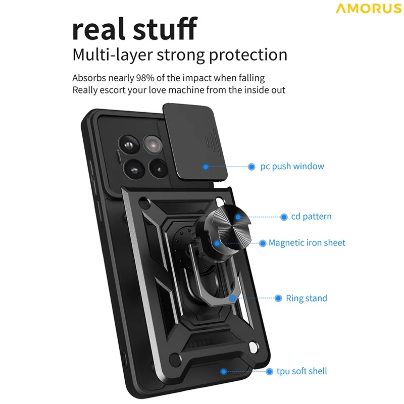 Étui AMORUS avec support pour OnePlus 13R 5G / Ace 5 5G / Ace 5 Pro 5G, coque de téléphone PC + TPU avec curseur de protection d'objectif - Noir