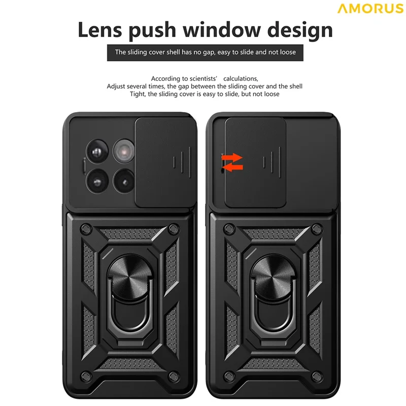 Étui AMORUS avec support pour OnePlus 13R 5G / Ace 5 5G / Ace 5 Pro 5G, coque de téléphone PC + TPU avec curseur de protection d'objectif - Noir