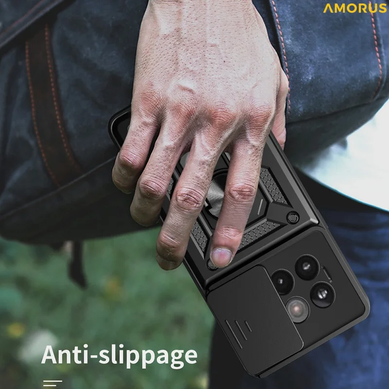 Étui AMORUS avec support pour OnePlus 13R 5G / Ace 5 5G / Ace 5 Pro 5G, coque de téléphone PC + TPU avec curseur de protection d'objectif - Noir