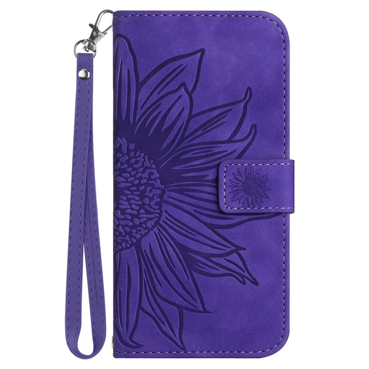 Skin-Touch Feeling Flip Phone Case for iPhone 11 6.1 inch, Imprinted Sunflower Stand Anti-drop PU Leather Magnetic Wallet Cover with Strap - Dark Purple