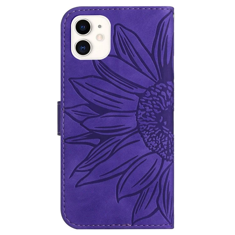 Skin-Touch Feeling Flip Phone Case for iPhone 11 6.1 inch, Imprinted Sunflower Stand Anti-drop PU Leather Magnetic Wallet Cover with Strap - Dark Purple