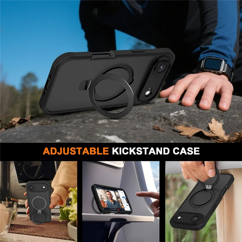 For iPhone Air Case Skin Touch Solid Color TPU + PC Phone Cover with Magnetic Kickstand - Black