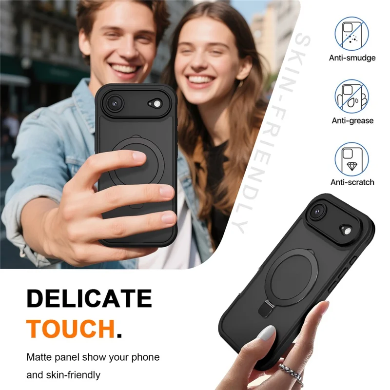 For iPhone Air Case Skin Touch Solid Color TPU + PC Phone Cover with Magnetic Kickstand - Black