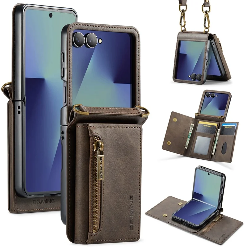DG.MING M5 Series for Samsung Galaxy Z Flip7 5G Case RFID Blocking Card Slots Leather + PC Phone Cover - Coffee