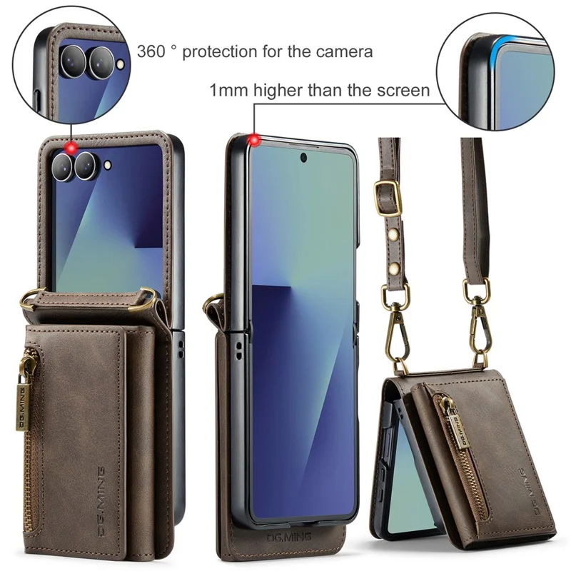 DG.MING M5 Series for Samsung Galaxy Z Flip7 5G Case RFID Blocking Card Slots Leather + PC Phone Cover - Coffee