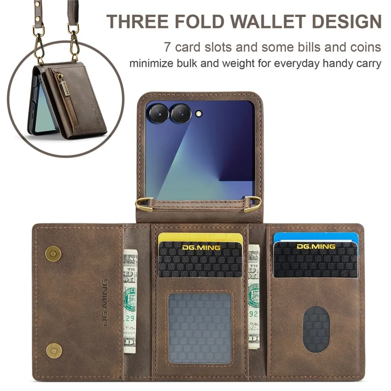 DG.MING M5 Series for Samsung Galaxy Z Flip7 5G Case RFID Blocking Card Slots Leather + PC Phone Cover - Coffee