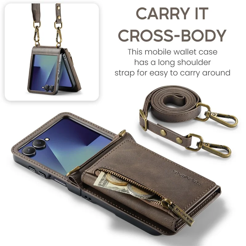 DG.MING M5 Series for Samsung Galaxy Z Flip7 5G Case RFID Blocking Card Slots Leather + PC Phone Cover - Coffee