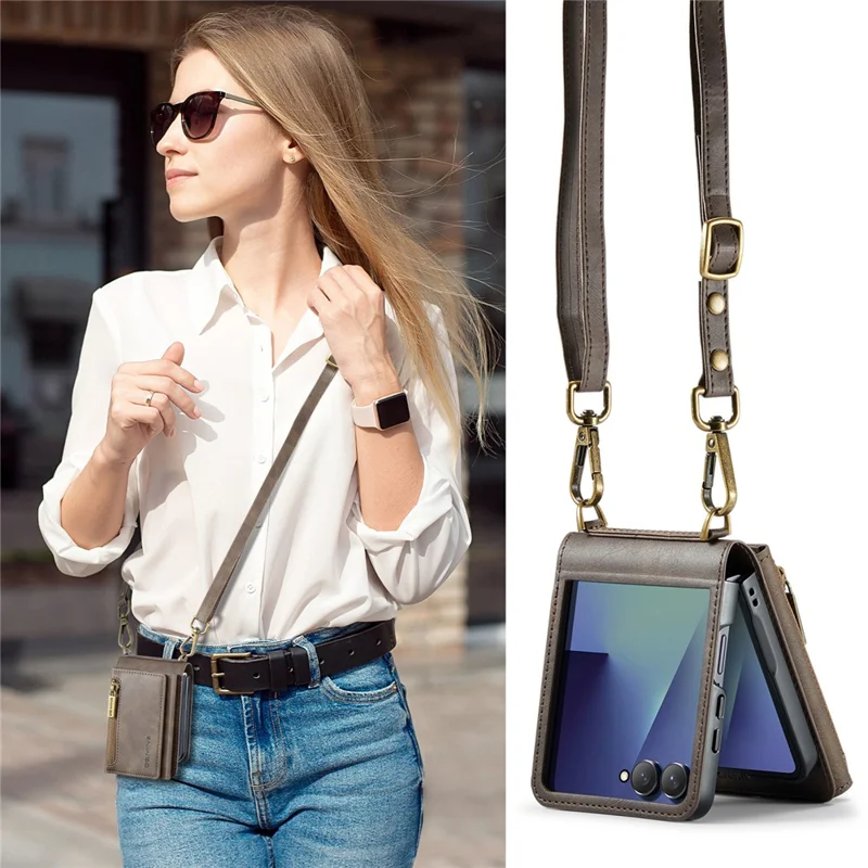 DG.MING M5 Series for Samsung Galaxy Z Flip7 5G Case RFID Blocking Card Slots Leather + PC Phone Cover - Coffee
