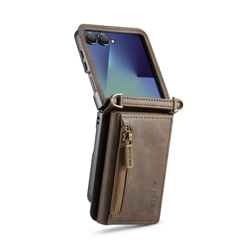 DG.MING M5 Series for Samsung Galaxy Z Flip7 5G Case RFID Blocking Card Slots Leather + PC Phone Cover - Coffee