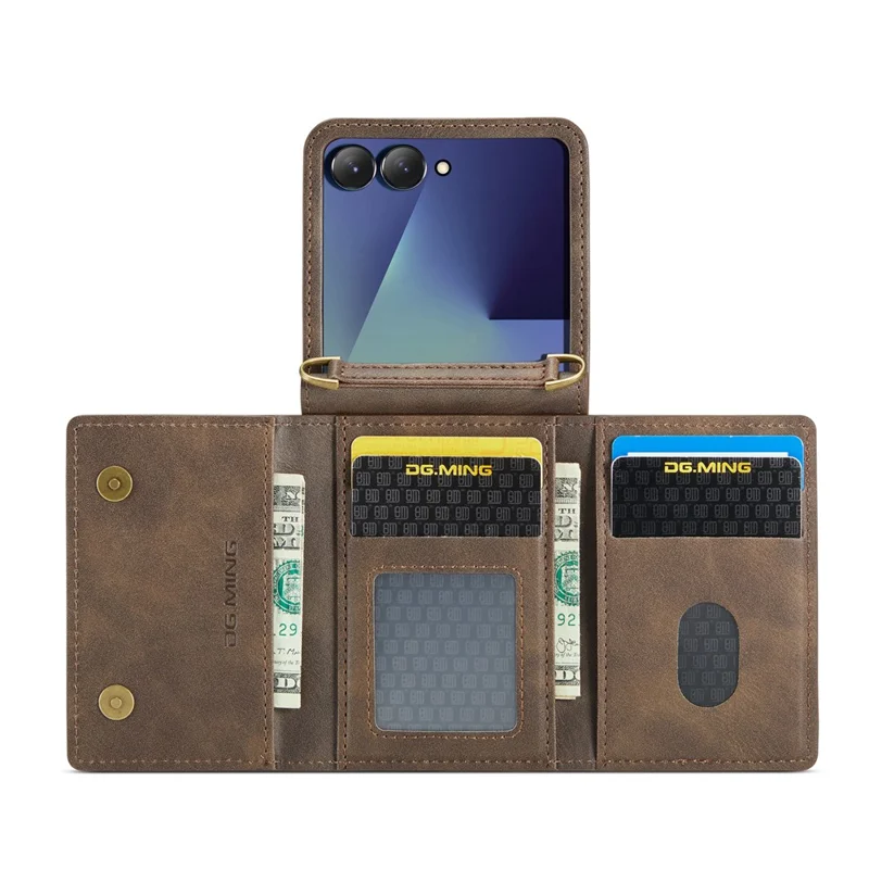 DG.MING M5 Series for Samsung Galaxy Z Flip7 5G Case RFID Blocking Card Slots Leather + PC Phone Cover - Coffee