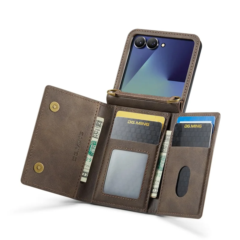 DG.MING M5 Series for Samsung Galaxy Z Flip7 5G Case RFID Blocking Card Slots Leather + PC Phone Cover - Coffee