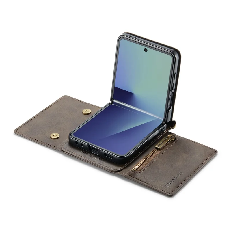 DG.MING M5 Series for Samsung Galaxy Z Flip7 5G Case RFID Blocking Card Slots Leather + PC Phone Cover - Coffee