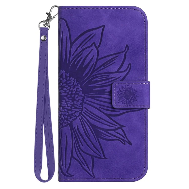 For iPhone 12 Pro Max 6.7 inch HT04 Imprinted Sunflower Phone Drop-proof Case Skin-Touch PU Leather Stand Wallet Cover with Hand Strap - Dark Purple