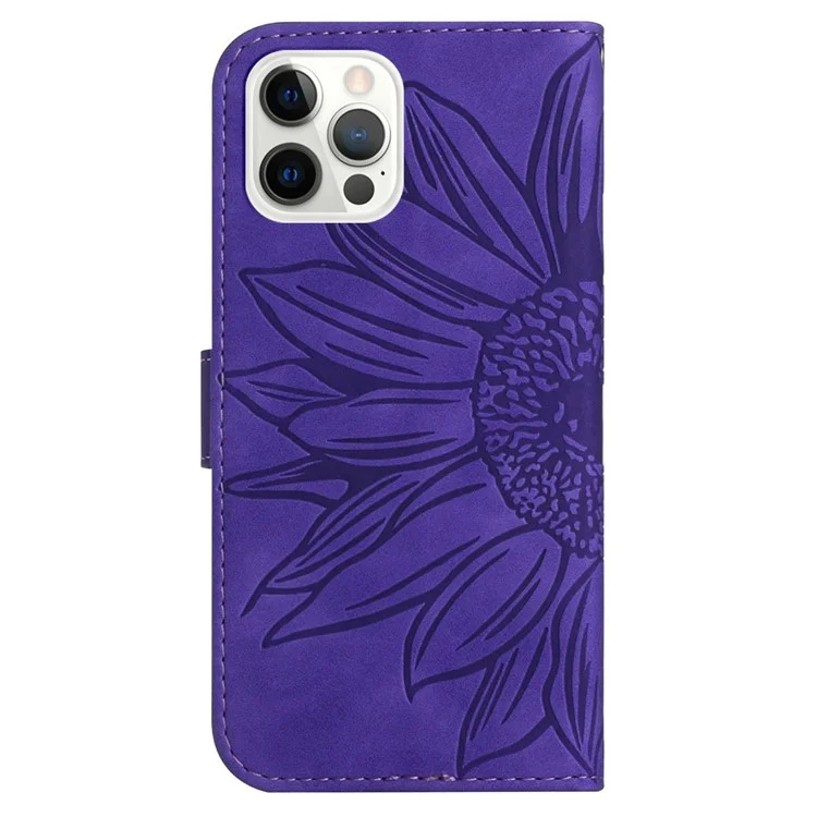 For iPhone 12 Pro Max 6.7 inch HT04 Imprinted Sunflower Phone Drop-proof Case Skin-Touch PU Leather Stand Wallet Cover with Hand Strap - Dark Purple