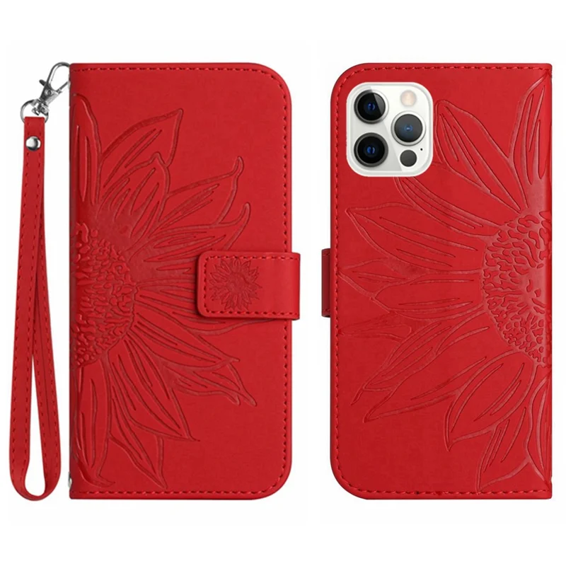 For iPhone 12 Pro Max 6.7 inch HT04 Imprinted Sunflower Phone Drop-proof Case Skin-Touch PU Leather Stand Wallet Cover with Hand Strap - Red