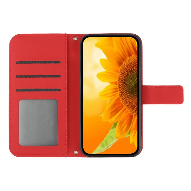 For iPhone 12 Pro Max 6.7 inch HT04 Imprinted Sunflower Phone Drop-proof Case Skin-Touch PU Leather Stand Wallet Cover with Hand Strap - Red
