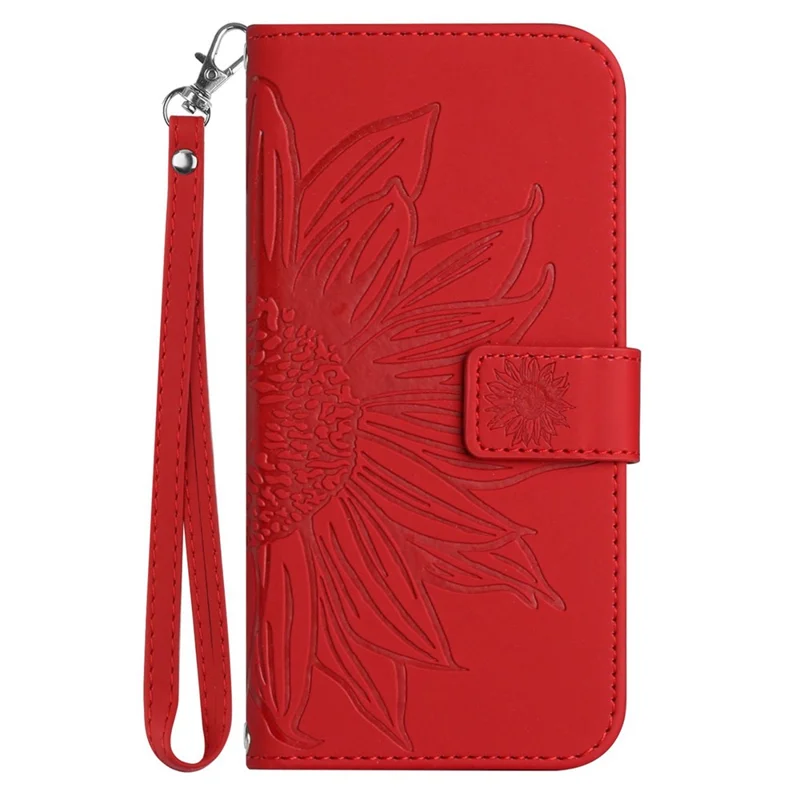 For iPhone 12 Pro Max 6.7 inch HT04 Imprinted Sunflower Phone Drop-proof Case Skin-Touch PU Leather Stand Wallet Cover with Hand Strap - Red