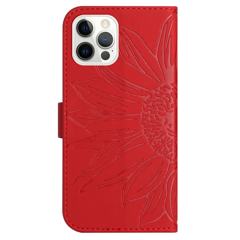 For iPhone 12 Pro Max 6.7 inch HT04 Imprinted Sunflower Phone Drop-proof Case Skin-Touch PU Leather Stand Wallet Cover with Hand Strap - Red