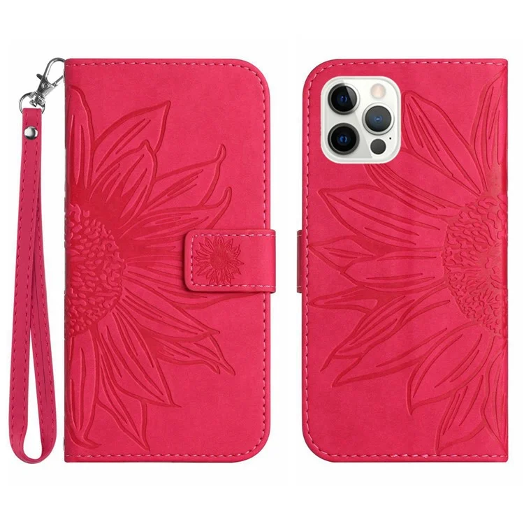 For iPhone 12 Pro Max 6.7 inch HT04 Imprinted Sunflower Phone Drop-proof Case Skin-Touch PU Leather Stand Wallet Cover with Hand Strap - Rose