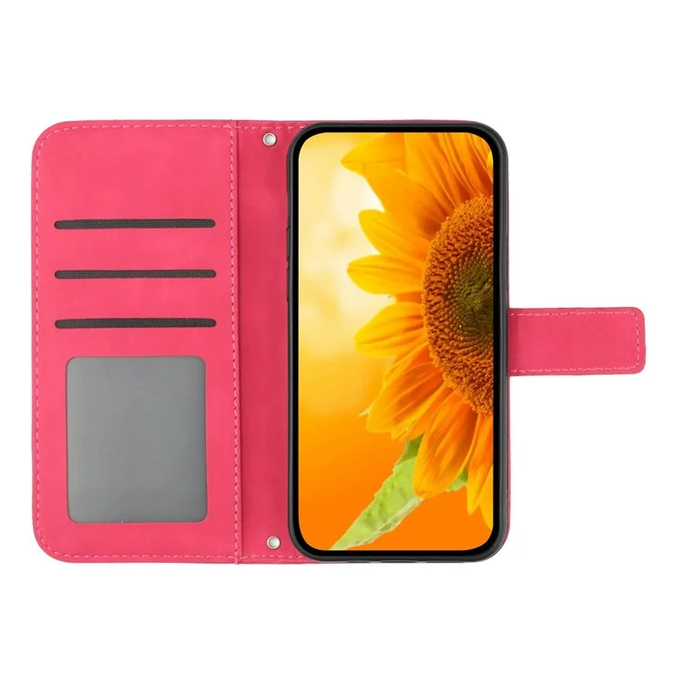 For iPhone 12 Pro Max 6.7 inch HT04 Imprinted Sunflower Phone Drop-proof Case Skin-Touch PU Leather Stand Wallet Cover with Hand Strap - Rose