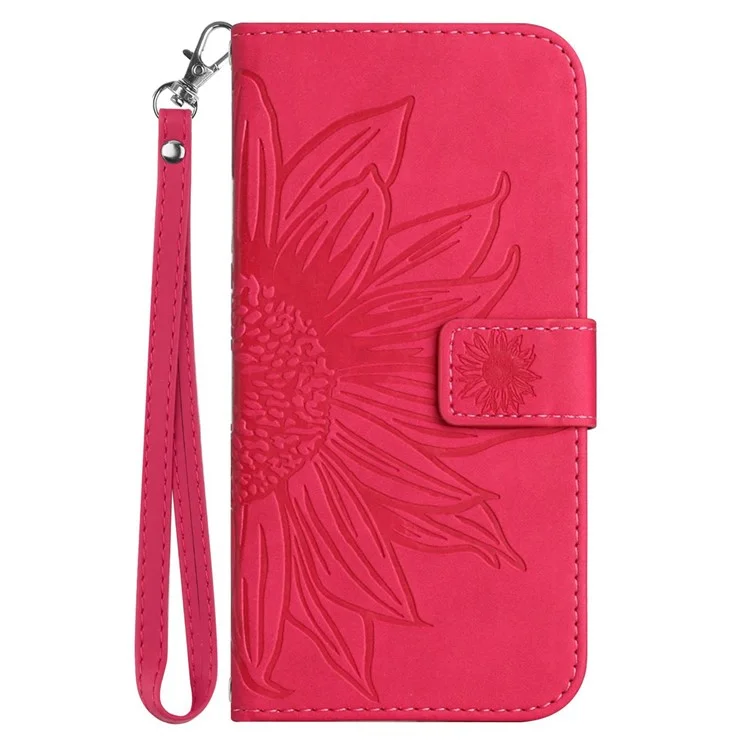 For iPhone 12 Pro Max 6.7 inch HT04 Imprinted Sunflower Phone Drop-proof Case Skin-Touch PU Leather Stand Wallet Cover with Hand Strap - Rose