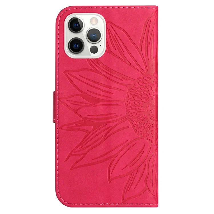 For iPhone 12 Pro Max 6.7 inch HT04 Imprinted Sunflower Phone Drop-proof Case Skin-Touch PU Leather Stand Wallet Cover with Hand Strap - Rose