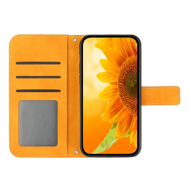 For iPhone 12 mini 5.4 inch HT04 Imprinted Sunflower Phone Shockproof Case Skin-Touch PU Leather Foldable Stand Wallet Cover with Hand Strap - Yellow