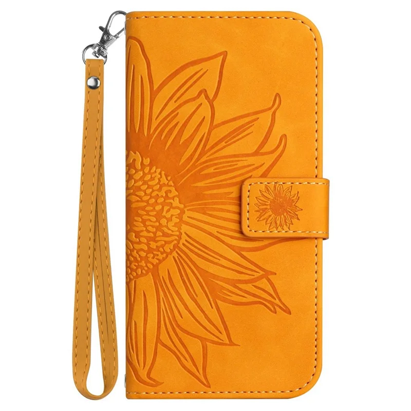 For iPhone 12 mini 5.4 inch HT04 Imprinted Sunflower Phone Shockproof Case Skin-Touch PU Leather Foldable Stand Wallet Cover with Hand Strap - Yellow
