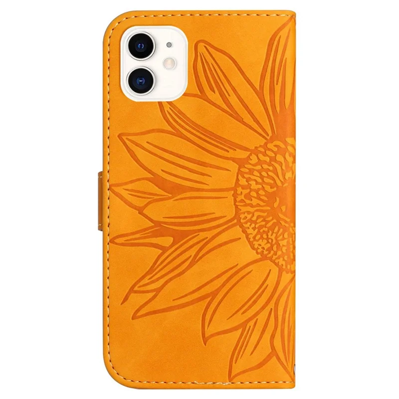 For iPhone 12 mini 5.4 inch HT04 Imprinted Sunflower Phone Shockproof Case Skin-Touch PU Leather Foldable Stand Wallet Cover with Hand Strap - Yellow