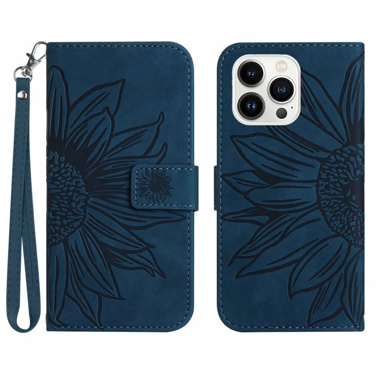 Per Iphone 13 Pro Max da 6,7 ​​pollici HT04 Girasole in Pelle Impressa in Pelle Piena Protezione Completa Con Portafoglio di Supporto Per Telefono Pieghevole Con Cinghia Con Cinturino Manuale - Blu Scuro