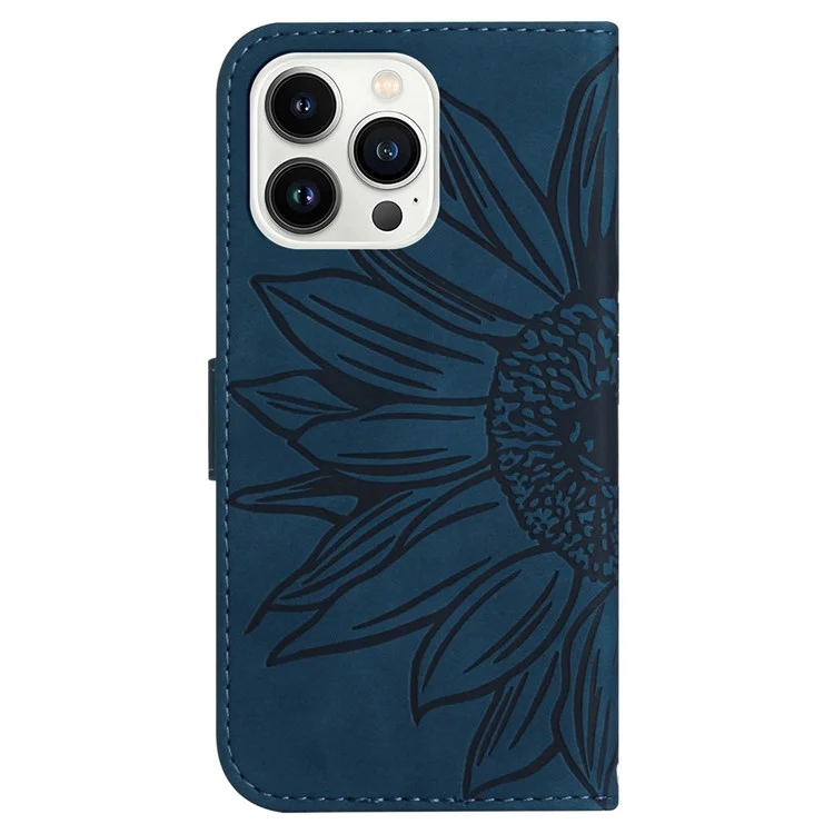 Per Iphone 13 Pro Max da 6,7 ​​pollici HT04 Girasole in Pelle Impressa in Pelle Piena Protezione Completa Con Portafoglio di Supporto Per Telefono Pieghevole Con Cinghia Con Cinturino Manuale - Blu Scuro