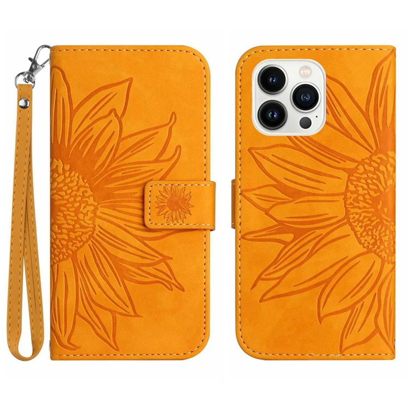 For iPhone 13 Pro Max 6.7 inch HT04 Sunflower Imprinted PU Leather Full Protection Shell Skin-Touch Foldable Stand Phone Wallet Case with Hand Strap - Yellow