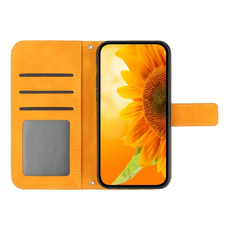 For iPhone 13 Pro Max 6.7 inch HT04 Sunflower Imprinted PU Leather Full Protection Shell Skin-Touch Foldable Stand Phone Wallet Case with Hand Strap - Yellow