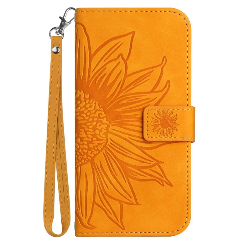 For iPhone 13 Pro Max 6.7 inch HT04 Sunflower Imprinted PU Leather Full Protection Shell Skin-Touch Foldable Stand Phone Wallet Case with Hand Strap - Yellow