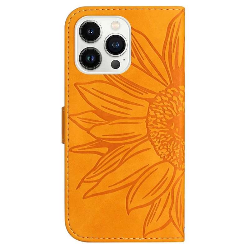 For iPhone 13 Pro Max 6.7 inch HT04 Sunflower Imprinted PU Leather Full Protection Shell Skin-Touch Foldable Stand Phone Wallet Case with Hand Strap - Yellow