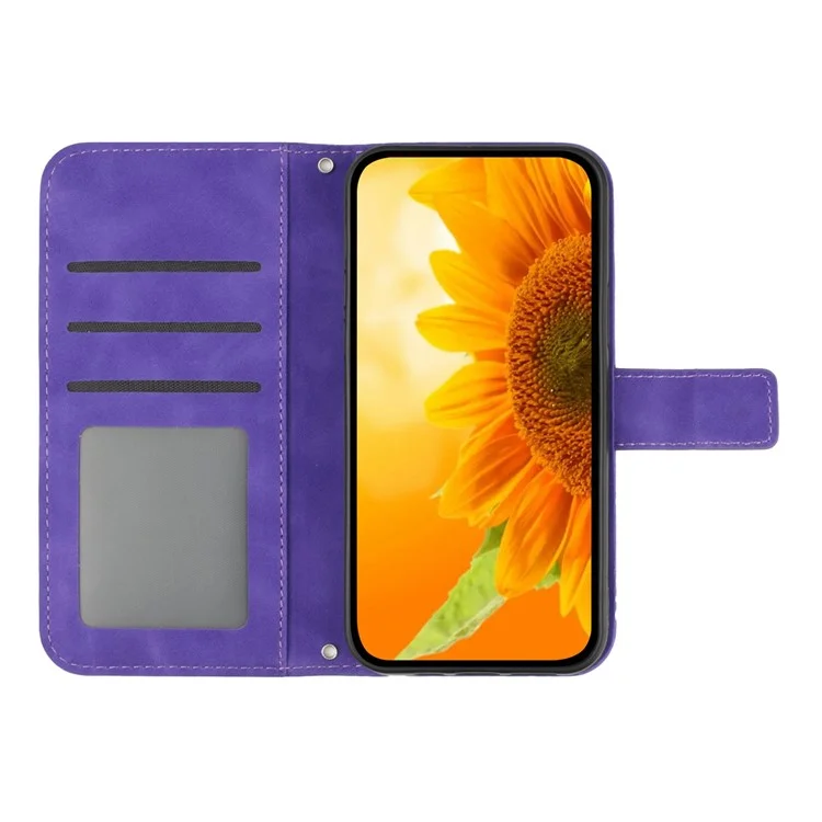 For Samsung Galaxy M33 5G (Global Version) HT04 Skin-Touch PU Leather Phone Shockproof Case Imprinted Sunflower Flip Stand Wallet Cover with Hand Strap - Dark Purple