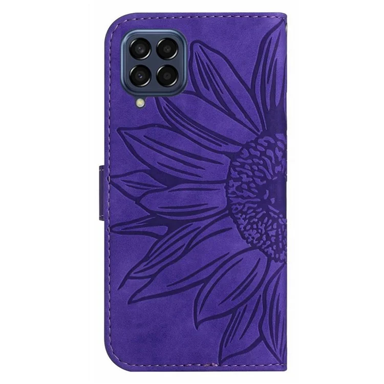 For Samsung Galaxy M33 5G (Global Version) HT04 Skin-Touch PU Leather Phone Shockproof Case Imprinted Sunflower Flip Stand Wallet Cover with Hand Strap - Dark Purple