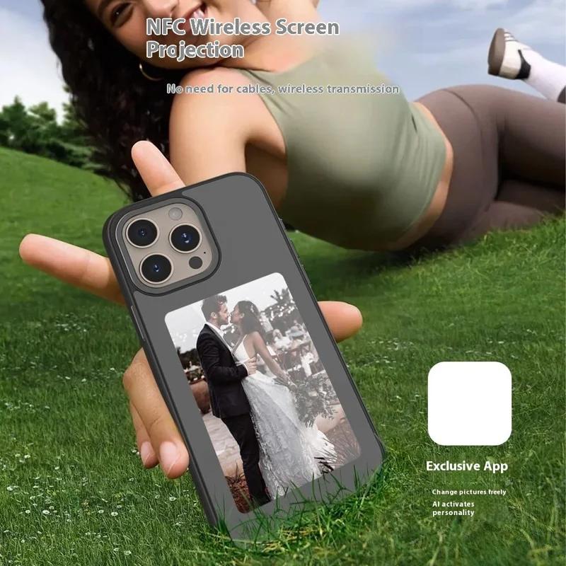 For iPhone 15 Pro Max E-Ink Case 4 inch HD 4 Colors NFC Smart Display Phone Cover - Grey White
