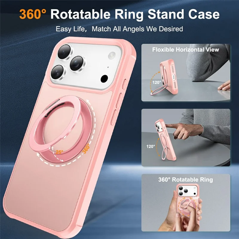 Für iPhone 17 Pro Max Hülle Magnetischer Ständer TPU + PC Stoßfeste Hybrid-Handyhülle - Pink