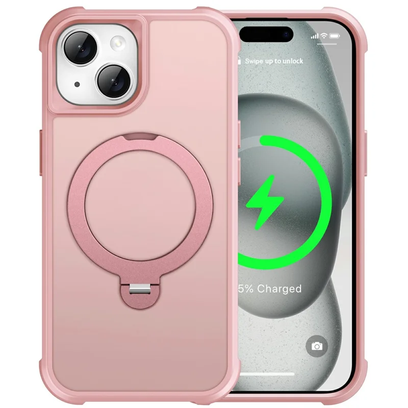 For iPhone 15 Case Compatible with MagSafe Rotatable Kickstand TPU + PC Shockproof Phone Cover - Pink