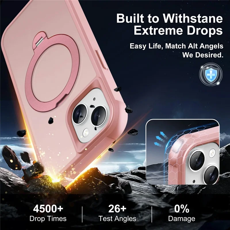 For iPhone 15 Case Compatible with MagSafe Rotatable Kickstand TPU + PC Shockproof Phone Cover - Pink