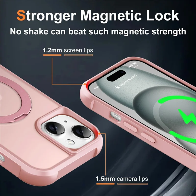 For iPhone 15 Case Compatible with MagSafe Rotatable Kickstand TPU + PC Shockproof Phone Cover - Pink