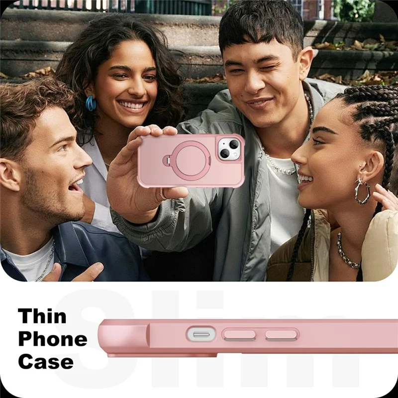 For iPhone 15 Case Compatible with MagSafe Rotatable Kickstand TPU + PC Shockproof Phone Cover - Pink