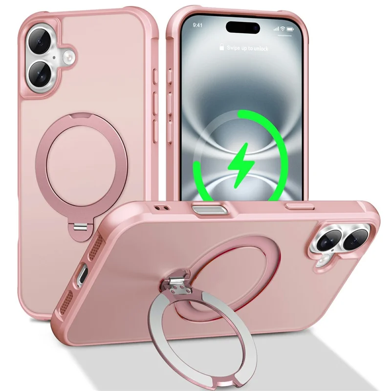Für iPhone 16 Hülle kompatibel mit MagSafe Drehbarer Ständer TPU + PC Stoßfeste Handyhülle - Rosa