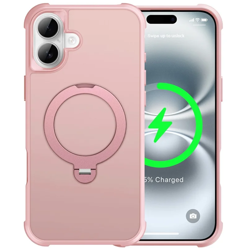 For iPhone 16 Plus Case Compatible with MagSafe Rotatable Kickstand TPU + PC Shockproof Phone Cover - Pink